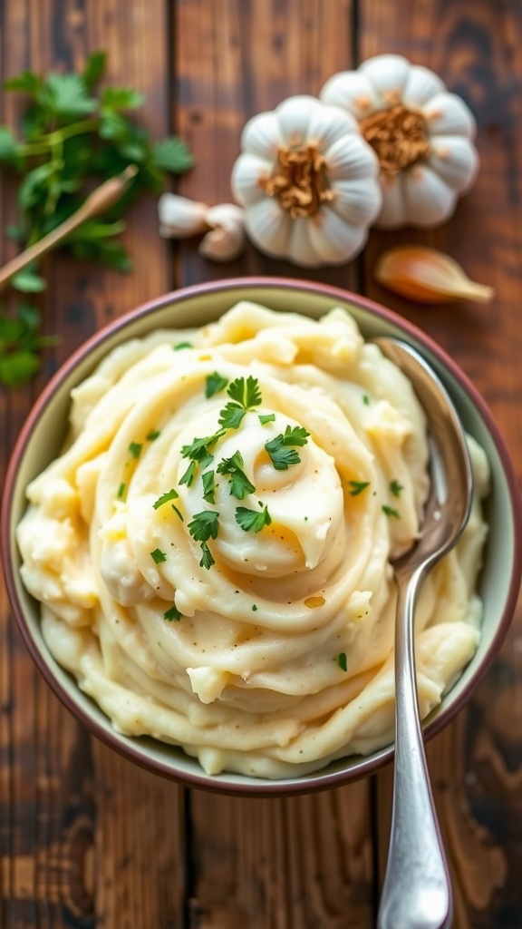 Creamy roasted garlic mashed potatoes garnished with parsley in a rustic bowl.